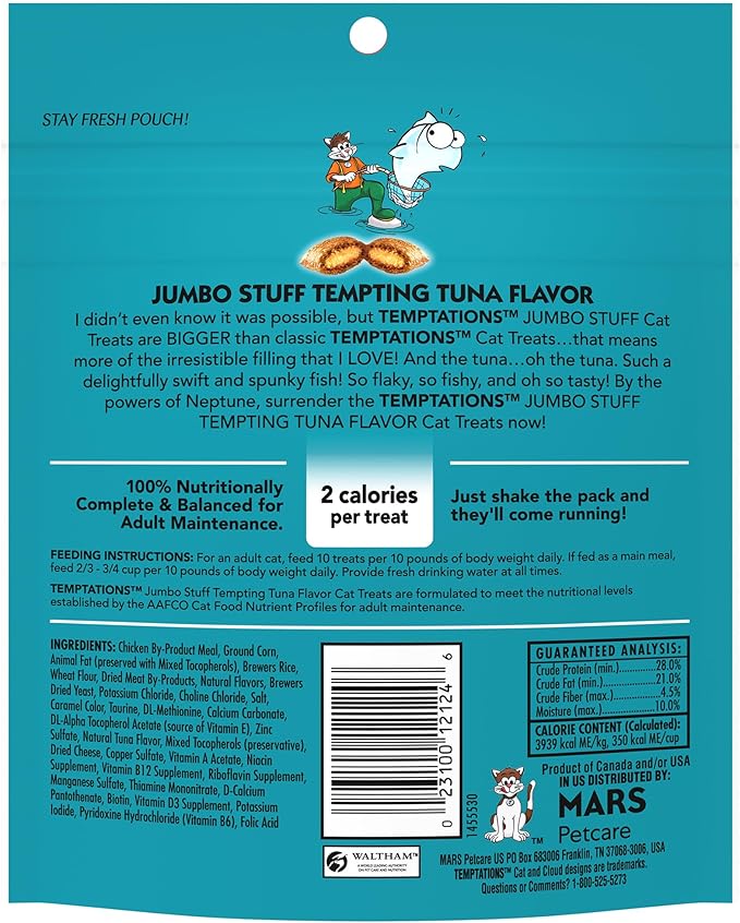 Temptations Jumbo Stuff Crunchy and Soft Cat Treats Tempting Tuna Flavor, (10) 5.3 oz. Pouches