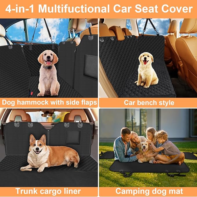 Mancro Dog Car Seat Cover for Back Seat, Waterproof Car Seat Protector for Dogs with Side Flaps, Scratchproof Dog Backseat Cover, Durable Nonslip Dog Hammock for Sedans, SUVs, Standard, All Black