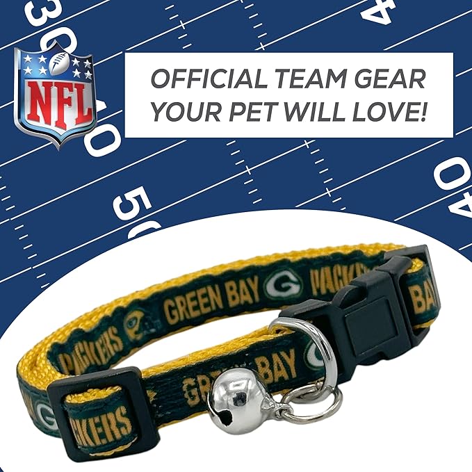 NFL CAT Collar Green Bay Packers Satin Cat Collar Football Team Collar for Dogs & Cats. A Shiny & Colorful Cat Collar with Ringing Bell Pendant