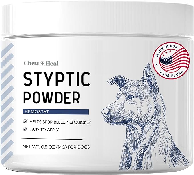 Chew + Heal Labs Styptic Powder for Dogs, Cats, and Other Animals - .5 oz - Quick Stop Bleeding Powder for Clipping Nails, and Other Minor Cuts - Blood Stop Powder