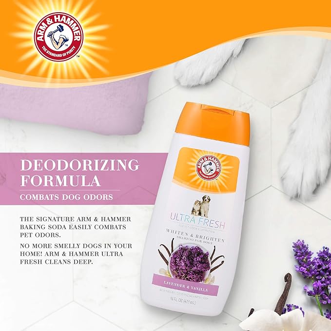 Arm & Hammer Ultra Fresh Whitening and Brightening Dog Shampoo | Baking Soda Neutralizes Bad Odors | Pet Shampoo in Calming Lavender and Vanilla Scent, 16 Fl Oz