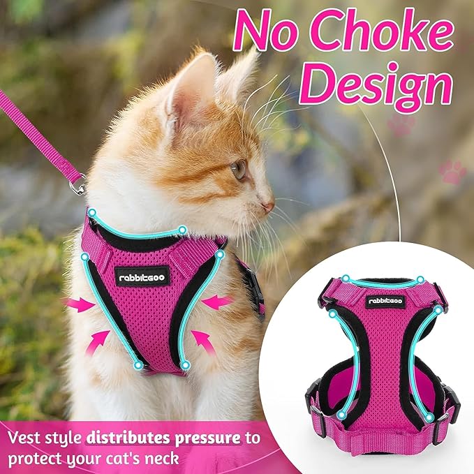 rabbitgoo Cat Harness and Leash for Walking, Escape Proof Soft Adjustable Vest Harnesses for Cats, Easy Control Breathable Reflective Strips Jacket, Rose Red, M