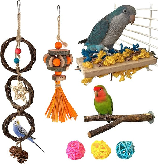 Bird Cage Accessories 7-Piece Set Parrot Perche Stand Wooden Platform,Bird Swing Parakeet Foraging Toy Parrots Climbing Frame for Small and Medium Sized Budgie,Cockatiel