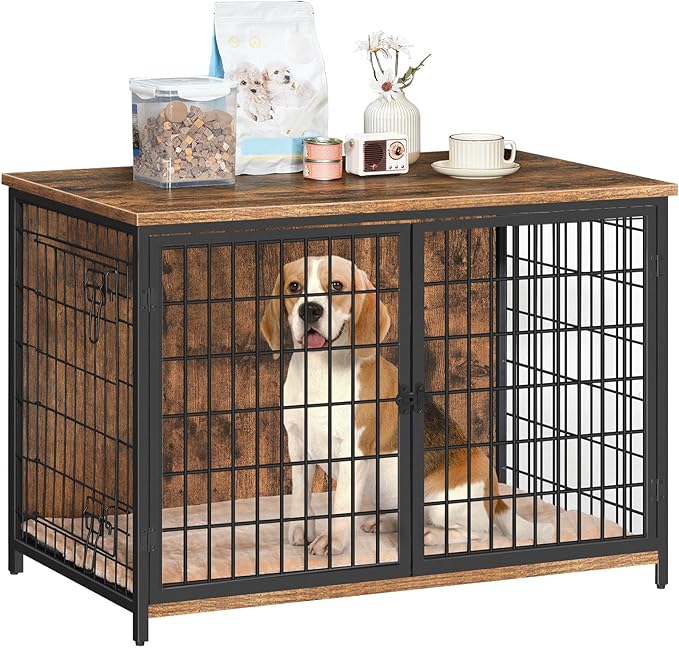 Dog Crate Furniture with Cushion, Wooden Dog Kennel with Double Doors, Heavy Duty Dog Cage for Small/Medium/Large Dogs, Indoor Dog House End Table, 39.4" L, Rustic Brown DCHR10701