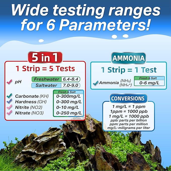 Essential Test Strip Kit - for Freshwater, Saltwater & Reef Aquariums, Test for 6 Parameters! - Fast Lab-Grade Results with Interpretation Guides! (25 Ct. - 50 Strips, 150 Tests)