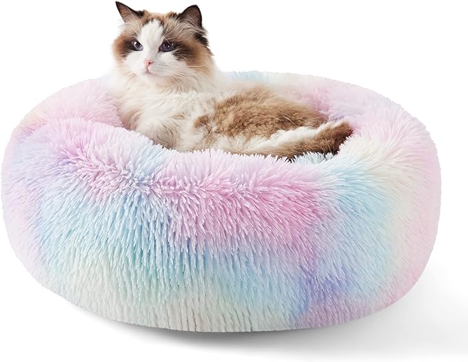 Bedsure Calming Cat Bed for Indoor Cats - Small Washable Round Cat Bed, Anti-Slip Fluffy Plush Faux Fur Pet Bed, Fits up to 15 lbs Pets, Multi-Colored, 20 inches