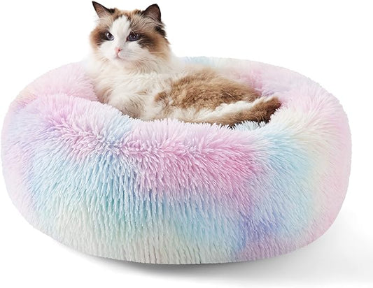 Bedsure Calming Cat Bed for Indoor Cats - Small Washable Round Cat Bed, Anti-Slip Fluffy Plush Faux Fur Pet Bed, Fits up to 15 lbs Pets, Multi-Colored, 20 inches