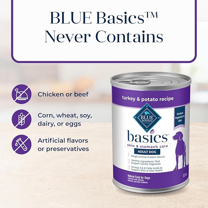 Blue Buffalo Basics Grain-Free Adult Wet Dog Food, Skin & Stomach Care, Limited Ingredient Diet, Turkey Recipe, 12.5-oz. Can, 12 Count