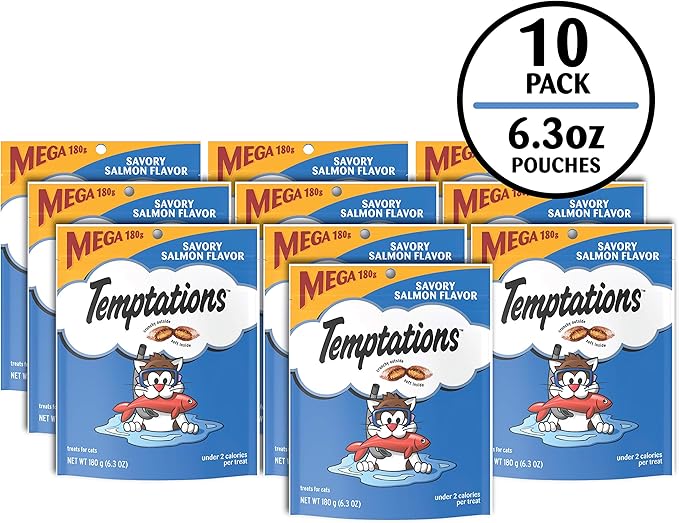 TEMPTATIONS Classic Crunchy and Soft Cat Treats Savory Salmon Flavor, 6.3 oz. Pouch (Pack of 10)