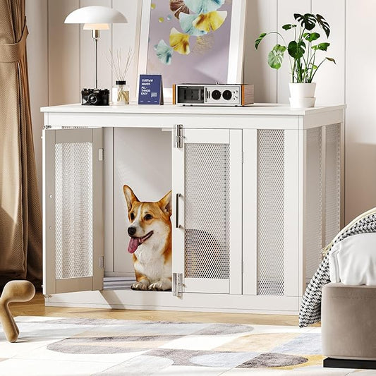 Irontar Dog Crate Furniture with Cushion, Double-Door Dog Crate for Small to Large Dogs, Wooden Dog Kennel Table, End Table Dog House Furniture, Dog Cage Indoor, White MGW001W