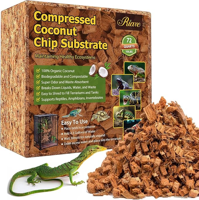 10LB Coconut Chip Substrate for Reptiles, 72 Quart Coconut Fiber Substrate Coco Chips Substrate Coconut Husk Bedding for Snakes, Tortoises, Ball Python, Bearded Dragon, Geckos, Lizards, Frogs