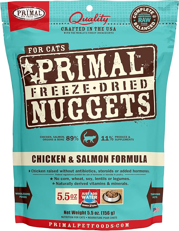 Primal Freeze Dried Cat Food Nuggets Chicken & Salmon; Complete & Balanced Meal or Topper; Premium, Healthy, Grain Free, High Protein Raw Cat Food with Probiotics (5.5 oz)