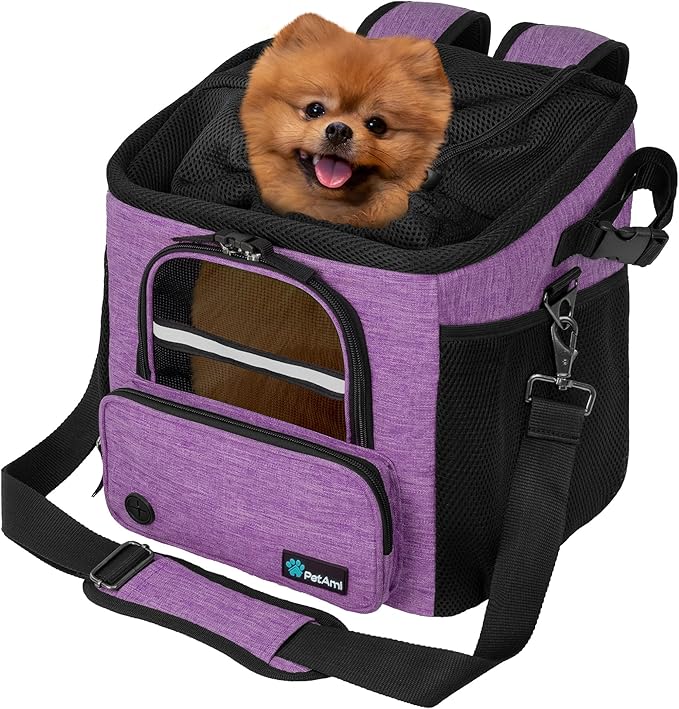 PetAmi Dog Bike Basket, Soft-sided Ventilated Dog Bike Carrier Backpack, Dog Pet Bicycle Basket for Bike Handlebar, Small Medium Puppy Cat Kitten Car Booster Seat with Safety Strap (Purple)