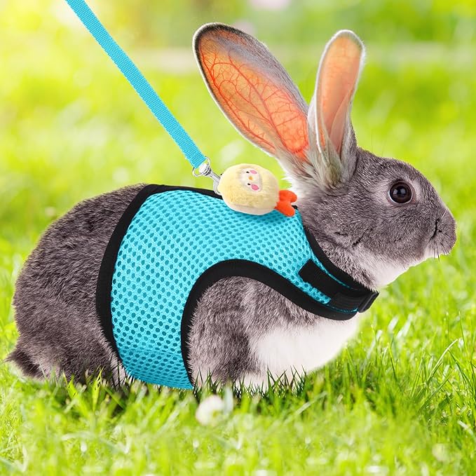Rabbit Harness and Leash Set with 2 Cute Decorations Soft Adjustable Buckle Breathable Mesh Vest Harness for Rabbits Ferret Small Pig Puppy Walking Supplies (Light Blue,Lively Pattern)