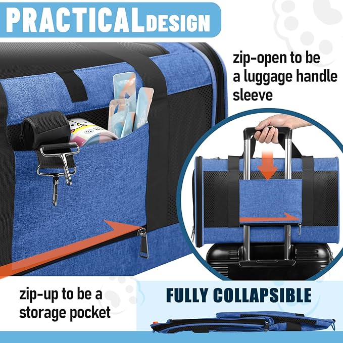 Soft-Sided Top Loading Adult Cat Carrier 20lbs, Yorkie Fabric Collapsible Comfy Cage for Teacup Dog, Easy Entry Maltese Pet Travel Purse, Kitty Carseat Animal Carrying Case Soft Kennel Blue