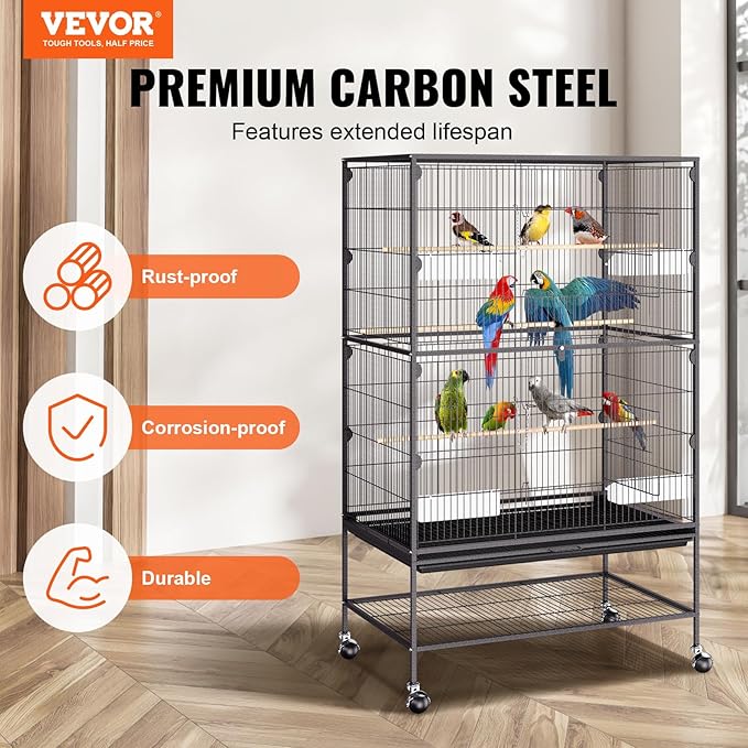 VEVOR 52 Inch Standing Large Bird Cage, Wrought Iron Flight Bird Cage with Rolling Stand and Slide Out Tray, Parakeet Cage Bird Cage for Parrots, Macaw, Cockatiels, Canary, Finch, Lovebirds, Pigeons