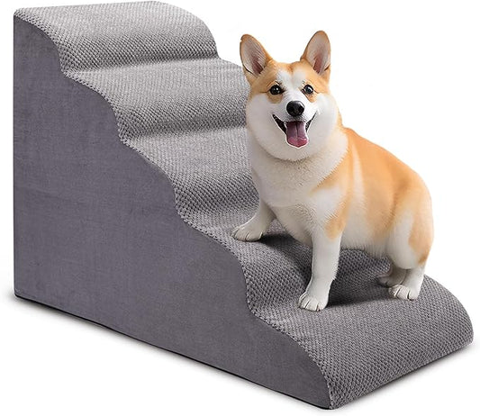 Dog Stairs for Bed, 5-Step Dog Steps for Couch and High Bed, Non-Slip Pet Stairs, 24" High Sofa Foam Dog Ramp - Best for Small Pets, Older Dogs, Cats with Joint Pain