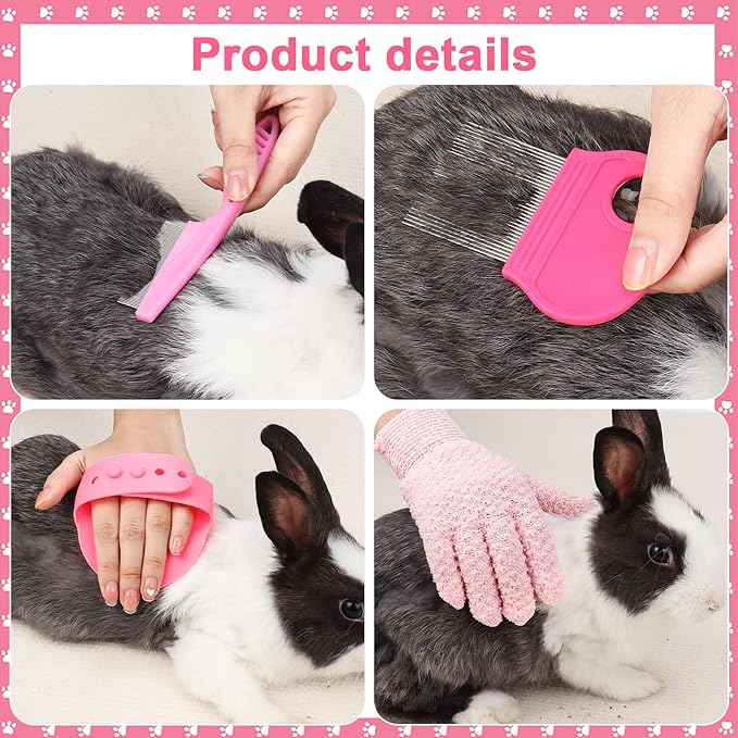 8 Pcs Small Animal Pink Grooming Kit, Rabbit Grooming Kit with Pet Nail Clipper and File, Flea Comb, Pet Shampoo Bath Brush , Pet Shedding Slicker Brush, Bath Massage Glove, Small Cleaning Comb