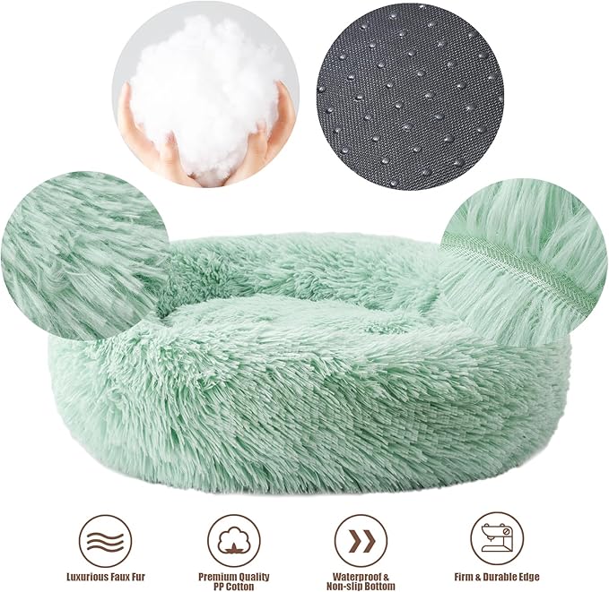 Aurako Cat Bed Dog Bed Round Cushion Pet Bed Mat Ultra Soft Plush Donut Sofa Comfortable Pillow Machine Washable Pet Cuddle Beds for Kitten Small Medium Large Dogs Cats 16" Green