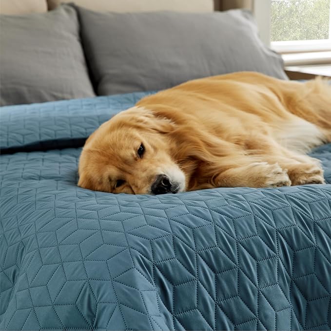 Bedsure 100% Waterproof Bed Cover for Dogs Washable - Non Slip Waterproof Dog Blanket for Bed, Lightweight Furniture Protector Durable for Pet Cat Puppy with Non-slip Bottom, Blue, 82x102IN