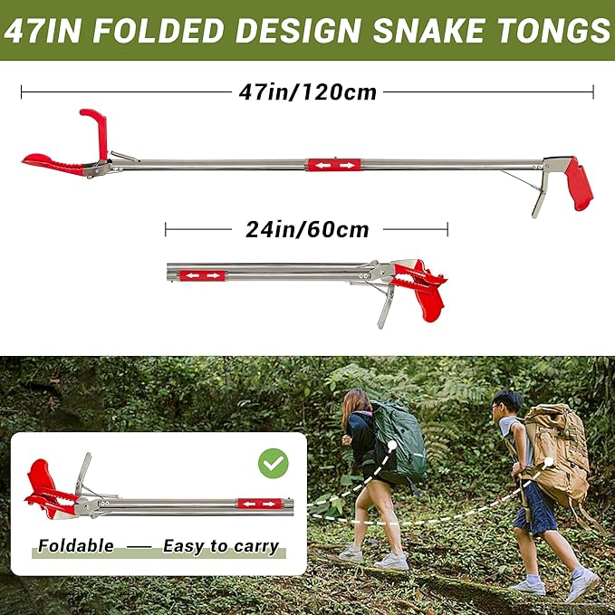 47" Professional Snake Tongs Heavy Duty Reptile Rattle Snake Catcher Wide Jaw Handling Tool Stainless Steel Collapsible Grabber Outdoor Catch Tool with Non-Slip Grip Handle (47inch/120cm)