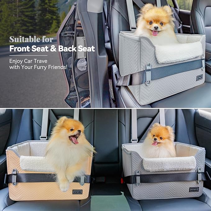 PETSFIT Dog Booster Seat, Portable Dog Car Seats for Small Dogs with Clip-On Leash, Patent Safe Buckles, Dog Booster Car Seat Suitable for Small Pets Up to 25lbs (Light Grey)