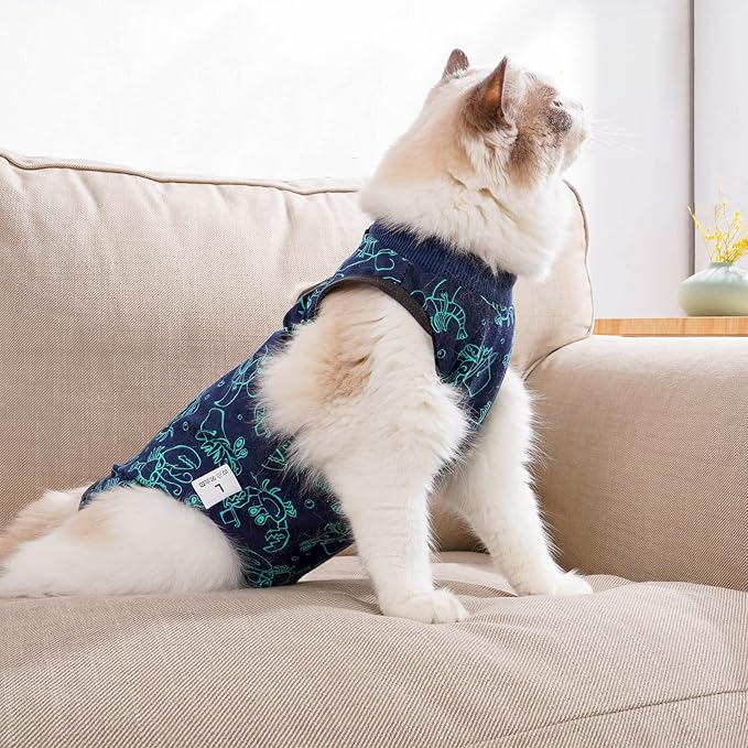 Cat Surgery Recovery Suit Cat Onesie for Cats After Surgery for Surgical Abdominal Wound Or Skin Diseases E-Collar Alternative Wear Cat Neutering Bodysuit Wear (Dark-blue-S)