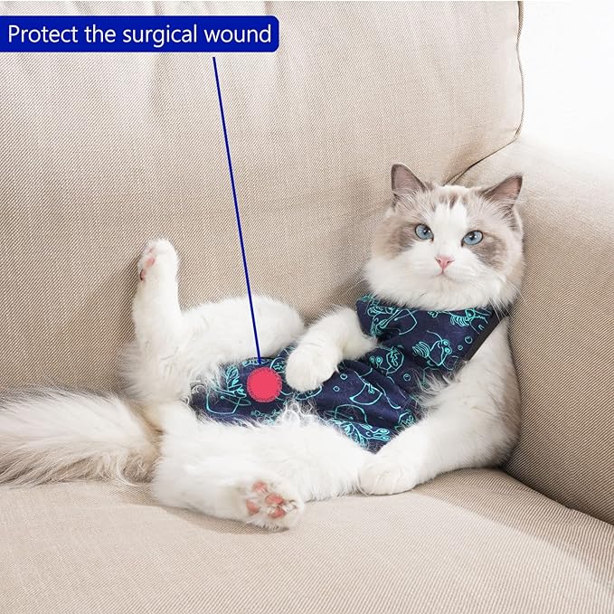 Cat Surgery Recovery Suit Cat Onesie for Cats After Surgery for Surgical Abdominal Wound Or Skin Diseases E-Collar Alternative Wear Cat Neutering Bodysuit Wear (Dark-blue-S)