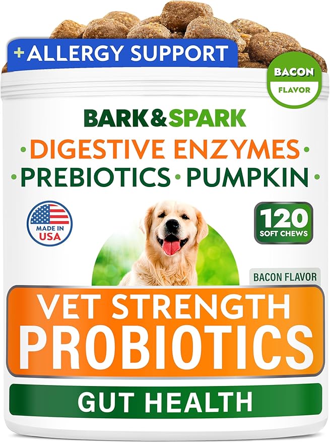 Bark&Spark VET STRENGTH Dog Probiotics Chews & Digestive Enzymes for Allergies Itchy Skin - Dogs Digestive Health - Gas, Diarrhea, Constipation Relief Pills - Prebiotics for Dogs Gut Health (120 Ct)