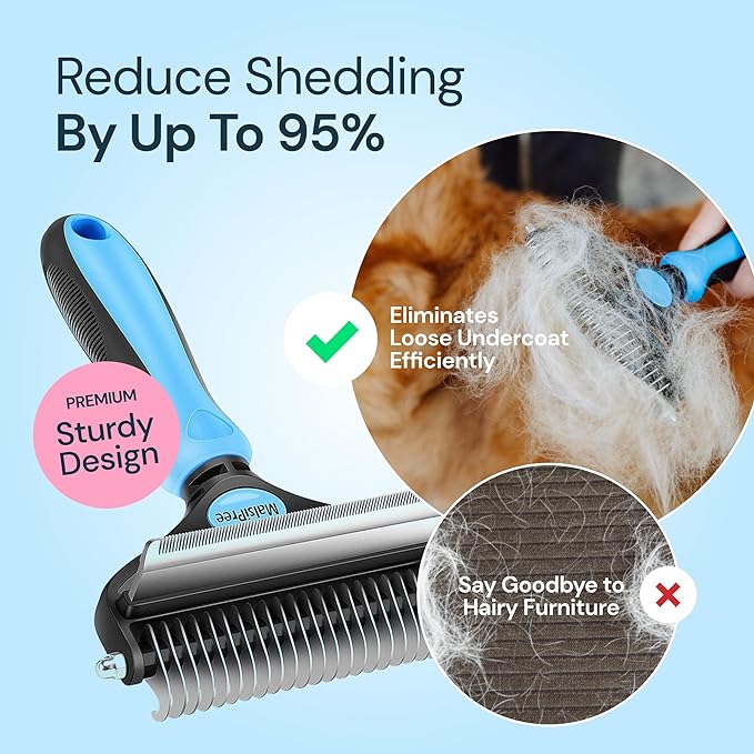 MalsiPree Dog Grooming Brush for Shedding - 2 in 1 Deshedding Tool and Undercoat Rake for Long and Short Haired Dogs with Double Coat - Dematting Comb and Pet Hair Deshedder Supplies (Large, Blue)