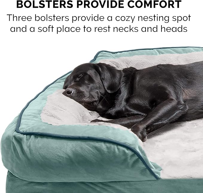 Furhaven Memory Foam Dog Bed for Large Dogs w/ Removable Bolsters & Washable Cover, For Dogs Up to 95 lbs - Plush & Velvet Waves Perfect Comfort Sofa - Celadon Green, Jumbo/XL