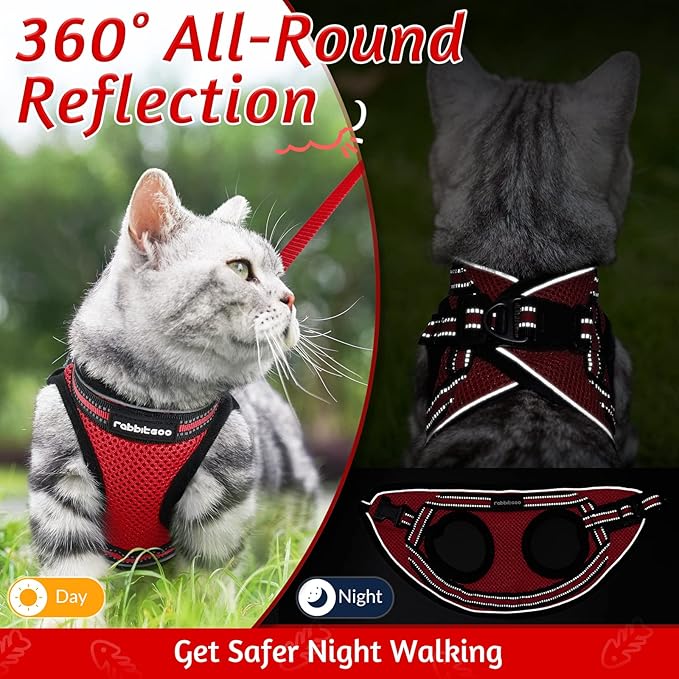 rabbitgoo Cat Harness and Leash Set for Walking Escape Proof, Adjustable Soft Kittens Vest with Reflective Strip for Cats, Comfortable Outdoor Vest, Red, S