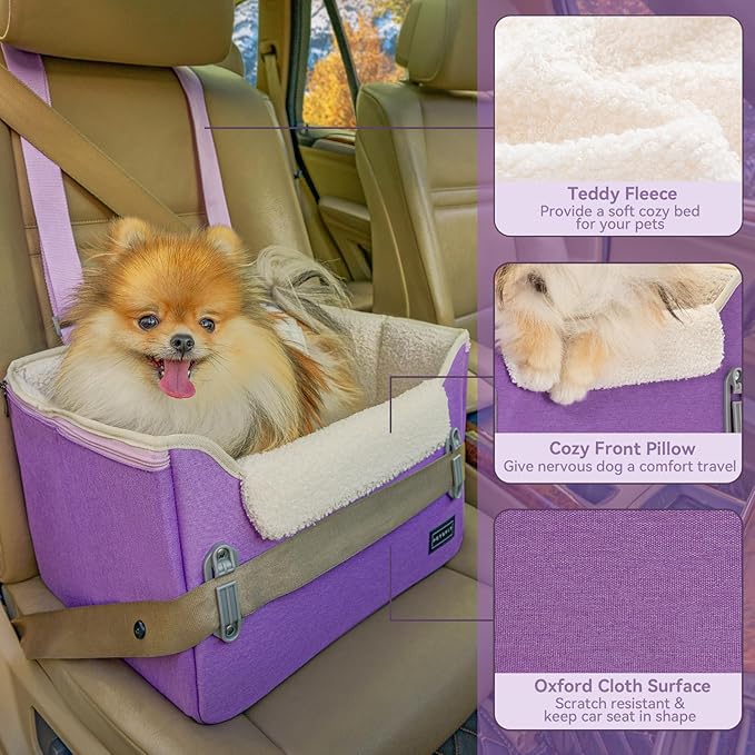 PETSFIT Small Dog Car Seat, Puppy Portable Dog Booster seat for Car with Clip-On Leash, Adjustable Straps Suitable for Small Pets Up to 25lbs (Purple)