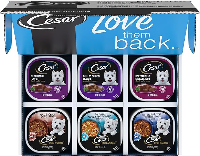 CESAR Adult Wet Dog Food HOME DELIGHTS & Classic Loaf in Sauce Variety Pack, 3.5 oz. Easy Peel Trays, 36 Count