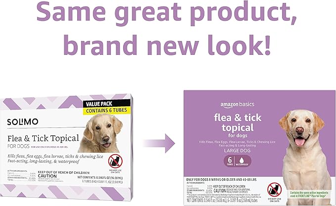Amazon Basics Flea and Tick Topical Treatment for Large Dogs (45-88 lbs), Unscented, 6 Count (Previously Solimo)