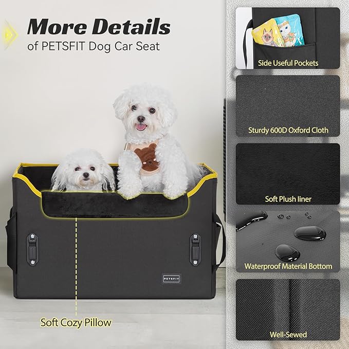 Petsfit Dog Car Booster Seat, Medium Dog Car Seat with 2 Clip-On Safety Leashes, Patented Buckles, Dog Booster Seat for Pets Under 45Lbs (Medium, Black)