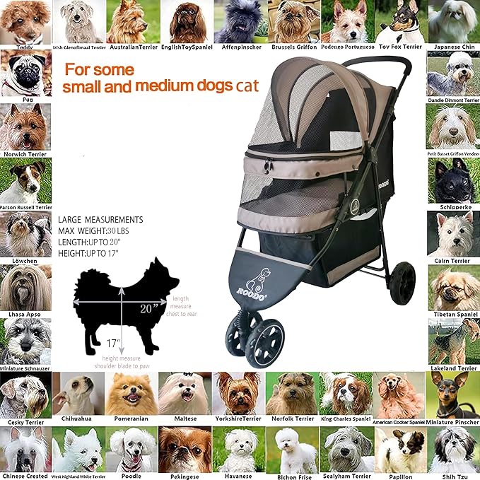 ROODO Escort 3Wheel Dog Stroller Cat Stroller Pet Stroller for Small Dogs and Cats,with Removable Liner Storage Basket and Cup Holder,Lightweight Pet Gear Foldable Jogger Travel System(Grey)