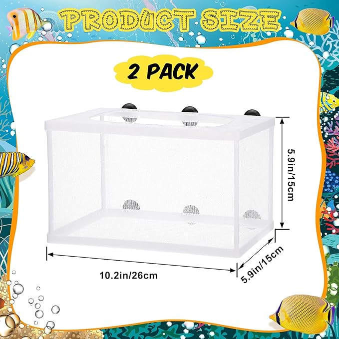 2 Pieces Fish Tank Breeder Net Mesh Fish Breeder Box Fish Hatchery Breeder Box Separation Net Plastic Frame Breeder Box Fry Hatchery Incubator Mesh Fish Breeding Box with Suction Cup for Aquarium