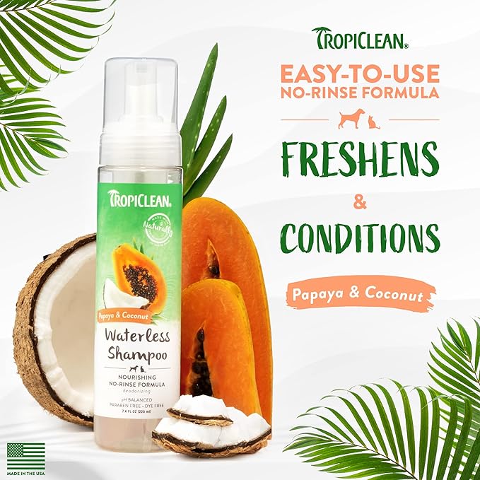 TropiClean Papaya Coconut Waterless Dog Shampoo | Nourishing Dry Shampoo for Dogs | Natural Dog Shampoo Derived from Natural Ingredients | Cat Friendly | Made in The USA | 7.4 oz.