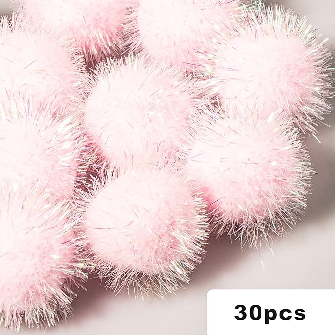 30 Pcs Cat Ball Toys Sparkle Balls Extra Large 2 Inch Cat's Favorite Chase Glitter Ball Glitter Tinsel Pom Poms Balls Light Pink Color