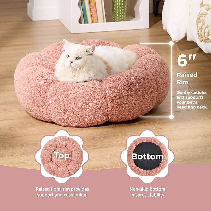 Lesure Calming Cat Beds for Indoor Cats - Cute Flower Pet Beds in Teddy Sherpa Plush, Donut Round Fluffy Puppy Bed, Non-Slip Extra Small Dog Bed Fits up to 15 lbs, Machine Washable, Pink 20"