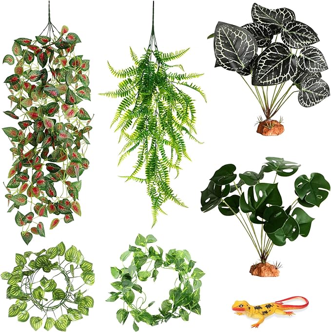 6 Pcs Reptile Plants for Terrarium Decor Reptile Tank Accessories Fake Hanging Plant Vines Artificial Leaves Plants Tank Habitat Decor for Bearded Dragon Lizard Snake Geckos Chameleon