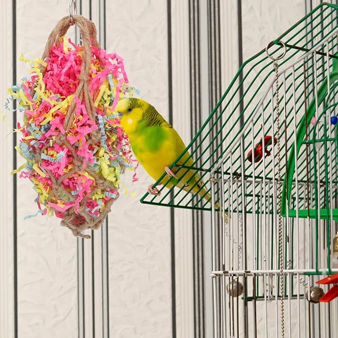 Bird Jute Paper Strips Parrot Mesh Bag Hanging Chewing Toy for Parakeet Cockatiel Conure Cockatoo African Grey Macaw