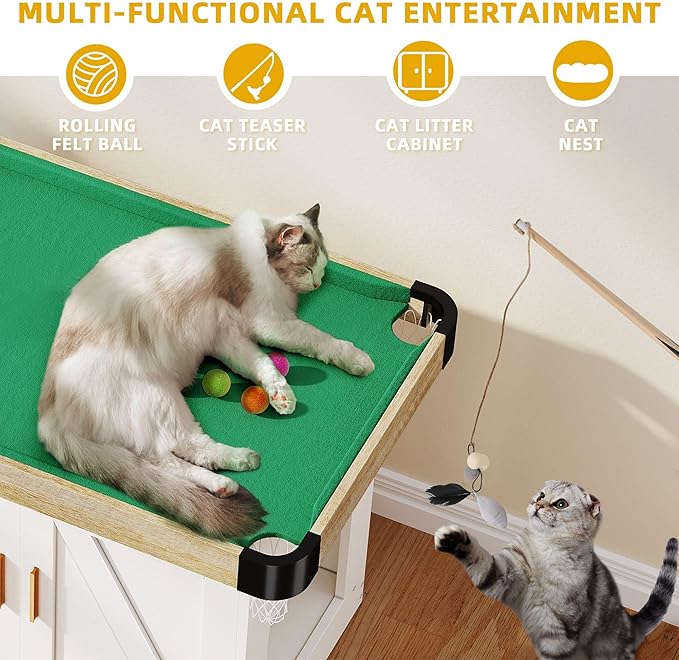 DWVO 2-in-1 Litter Box Enclosure Hidden with Cat Pool Table, Cat Litter Box Enclosure Furniture for Indoor, Wooden Cat Cabinet with Mini Pool Table Tower, 1 Feather Teaser Sticks & 6 Felt Balls, White