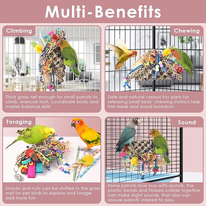 KATUMO Bird Toys, Seagrass Basket Bird Toy with Array of Chewable Parrot Foraging Toys for Small Medium Parrot Birds