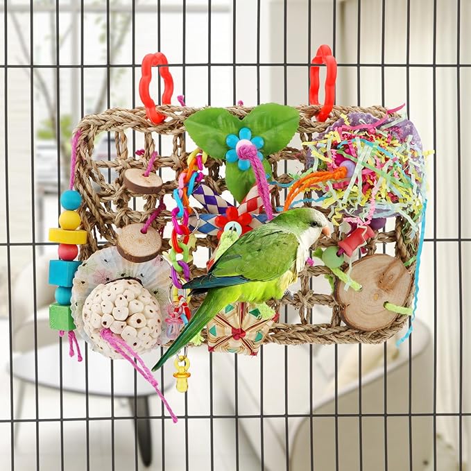 Hypeety Bird Toys Parrot Foraging Toys Bird Chew Toys Parakeet Shredding Seagrass Climbing Mat with Various Toys for Conure, Cockatiel, Lovebird, Parakeet, Budgie (M(Solla Ball))