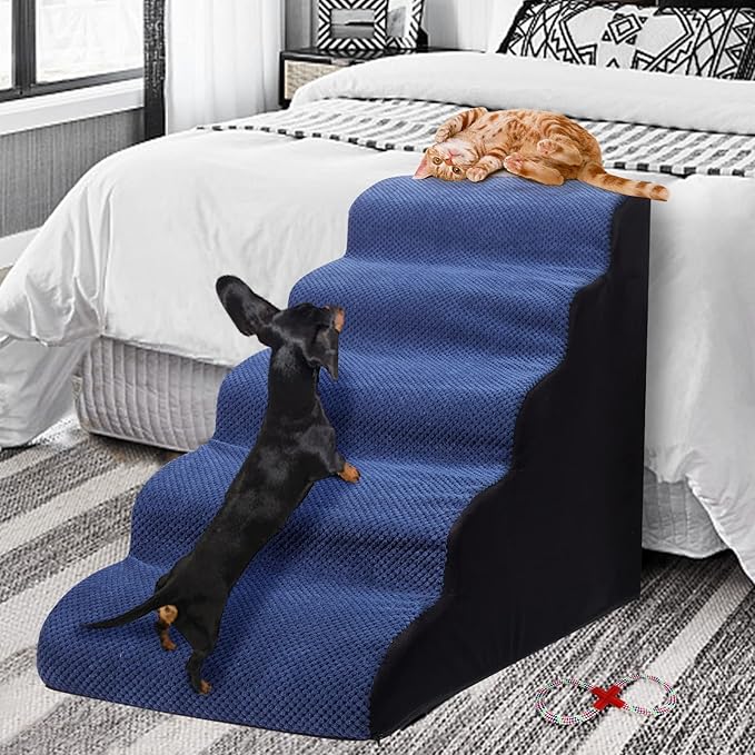 Foam 5 Tier Dog Steps&Stairs for High Beds 25 inches High, Tall Extra Wide Pet Stairs/Steps for High Beds/Bedsides,Non-Slip Dog Ramps for Small Dogs, for Older Dogs/Cats Injured(Blue)