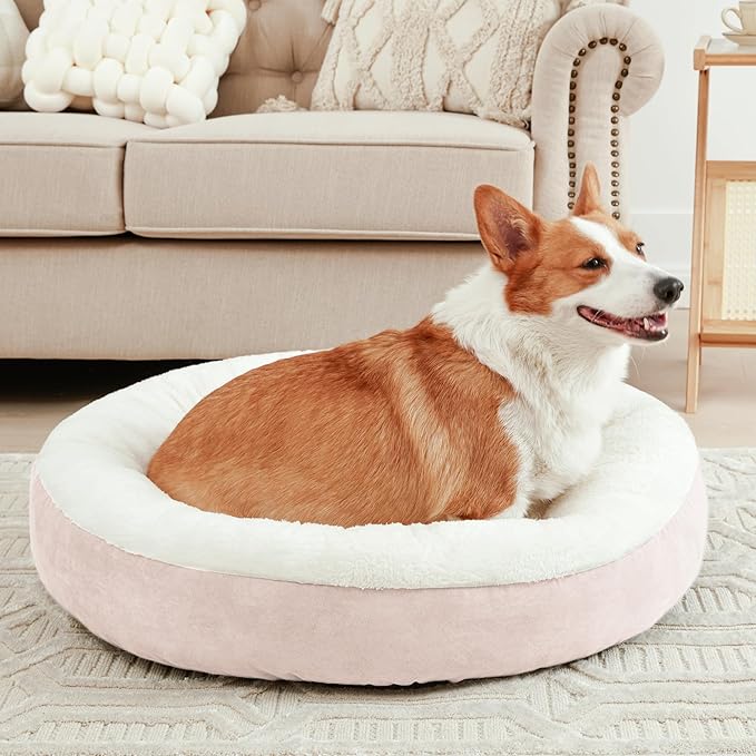 Love's cabin Round Donut Cat and Dog Cushion Bed, 25in Pet Bed for Small or Medium Dogs, Anti-Slip & Water-Resistant Bottom, Soft Durable Fabric Pet Beds, Washable Calming Cat & Dog Bed Pink