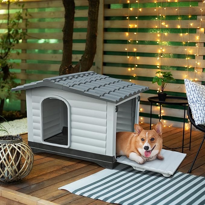 YITAHOME 36'' Large Double Door Dog House with Porch & Cushion, Outdoor Plastic Doghouse with Elevated Base, Easy to Install, Water-Resistant Pet House for Small Medium Dogs (36''L*27.1''W*26''H)