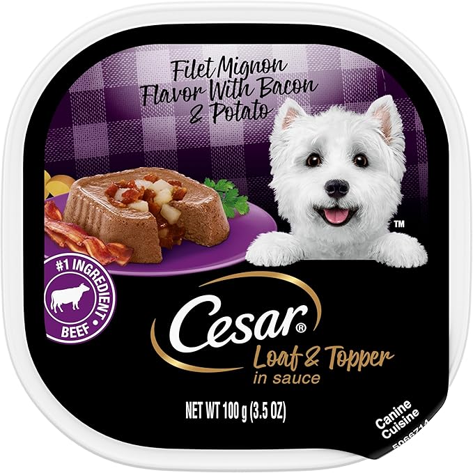 CESAR Adult Wet Dog FoodLoaf & Topper in Sauce Filet Mignon Flavor with Bacon & Potato, 3.5 Ounce (Pack of 24), Easy Peel Trays